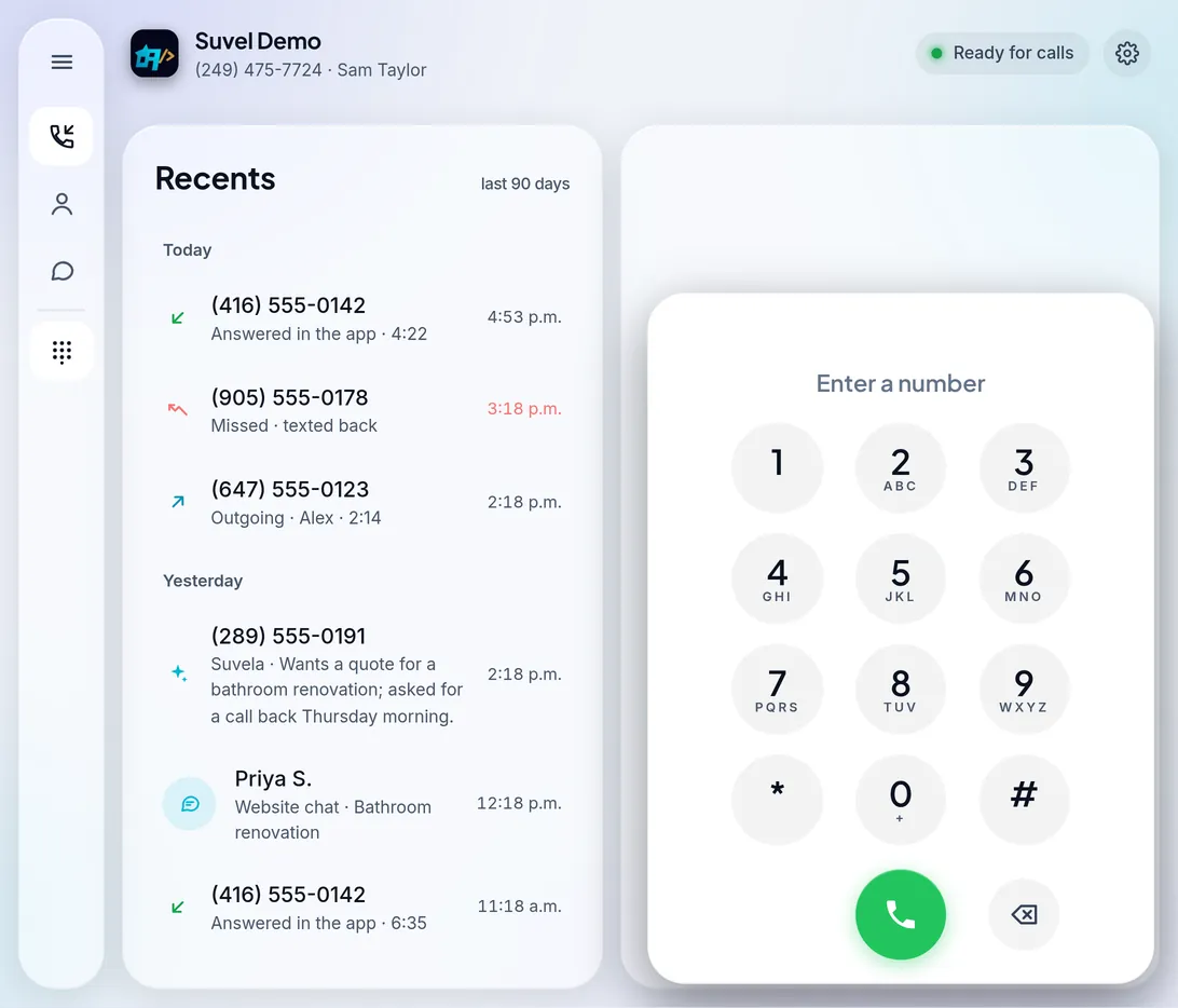 Suvel Connect on an unfolded phone: recent calls on the left, the keypad on the right