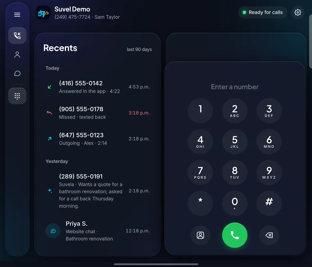 Suvel Connect on an unfolded phone: recent calls on the left, the keypad on the right